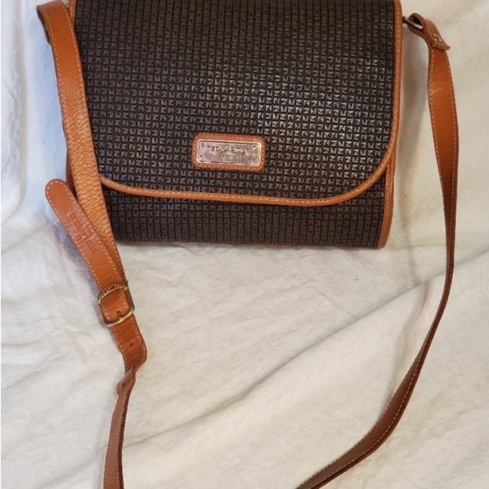 Vintage 1980s Ted Lapidus Crossbody (Medium). Vintage. Black & Tan PVC & Leather